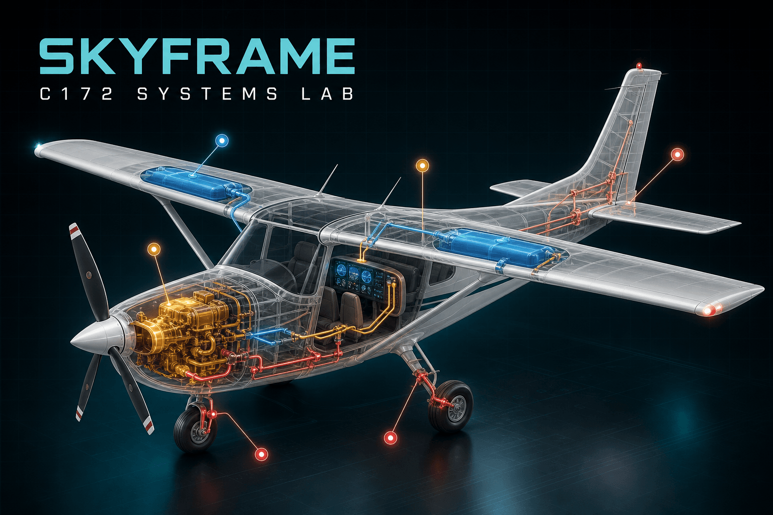 A Cessna 172 cutaway with its engine, fuel, flight-control, and electrical systems highlighted